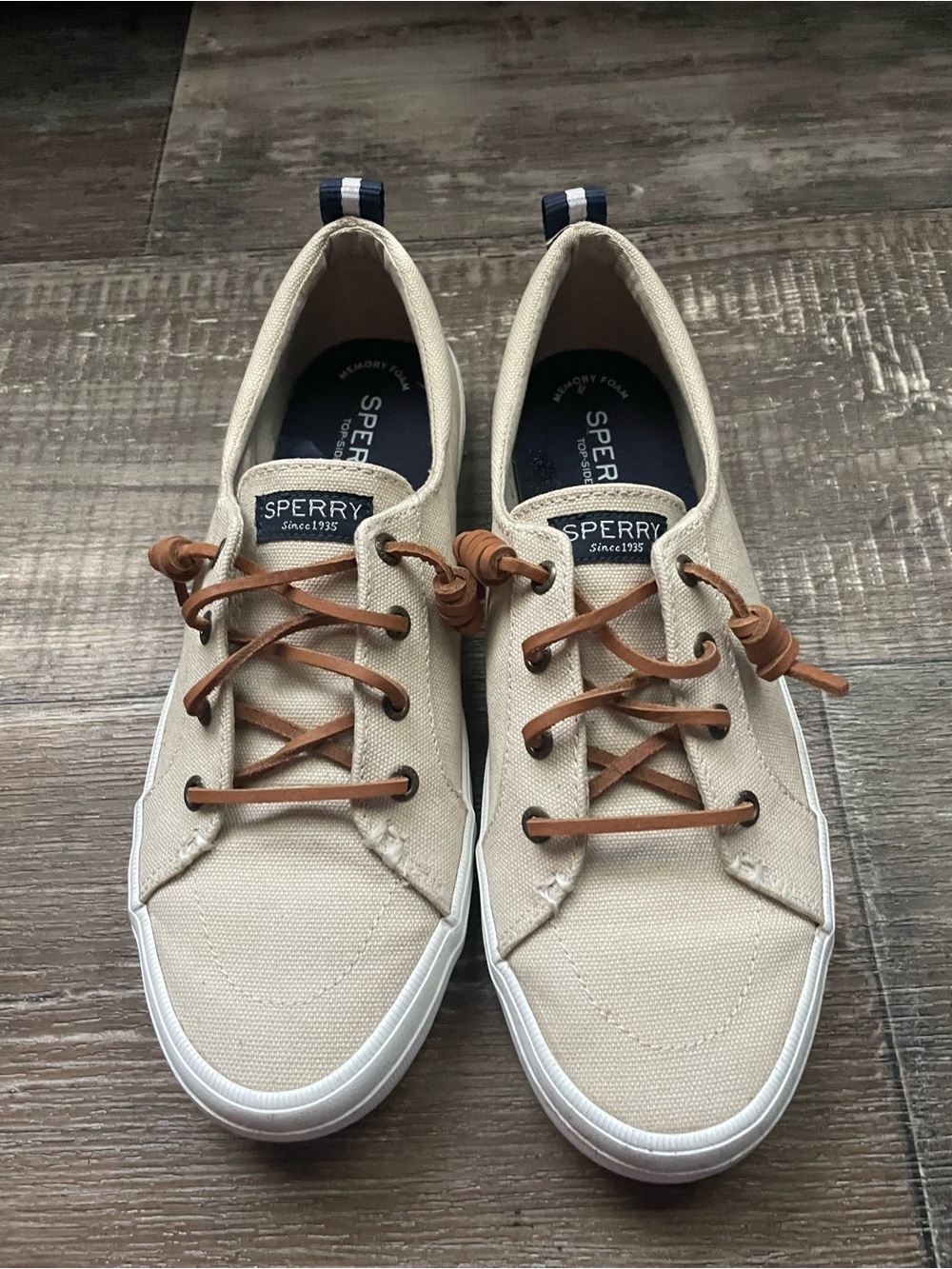 Sperry Women’s Canvas Casual Boat Shoes in Beige with Leather Laces